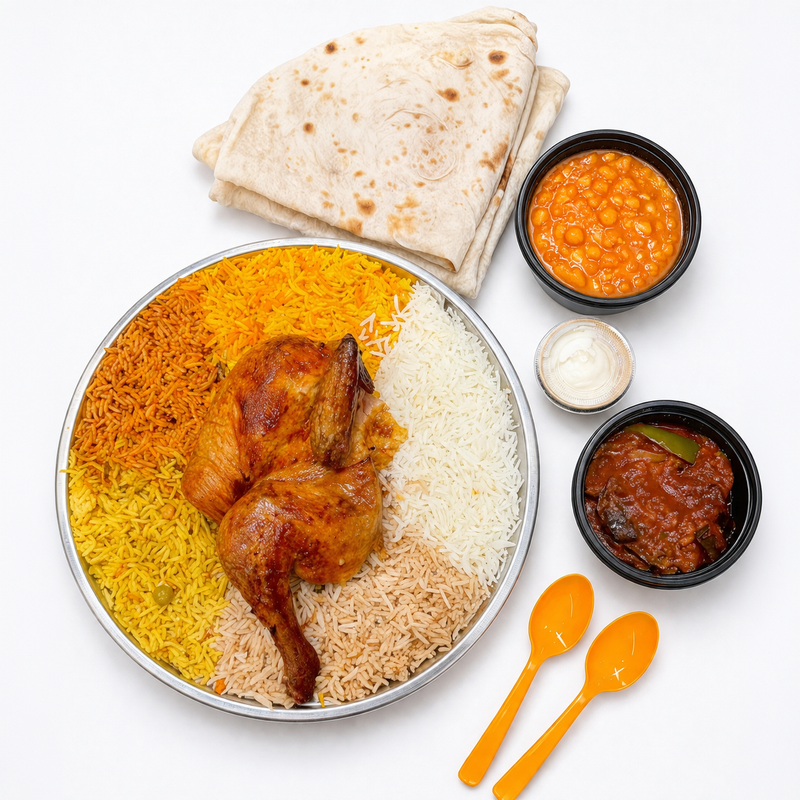 نصف دجاجة مشوية على صينية رز 